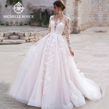 Michelle Royce A-Ling Wedding Dresses 2020 Long Sleeve Cut-Out Appliques Button Chapel Train Wedding Gowns Vestido De Noiva