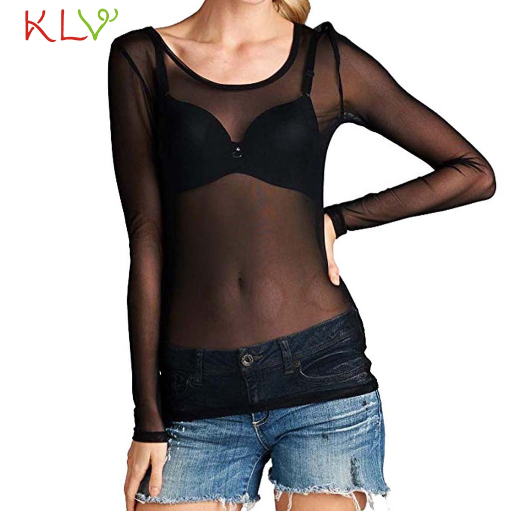 Mesh Top Women T Shirt Sexy See Through Net Sheer Black Transparent Crop Long Tops Undershirt Camisas Femininas Clubwear 18Jan10