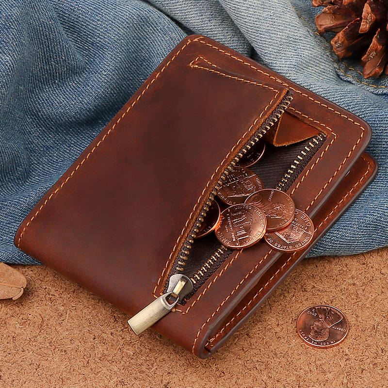 Genuine Crazy Horse Leather Men Wallets Vintage Thin Wallet Zip Coin Pocket Purse Cowhide Leather Wallet For Mens