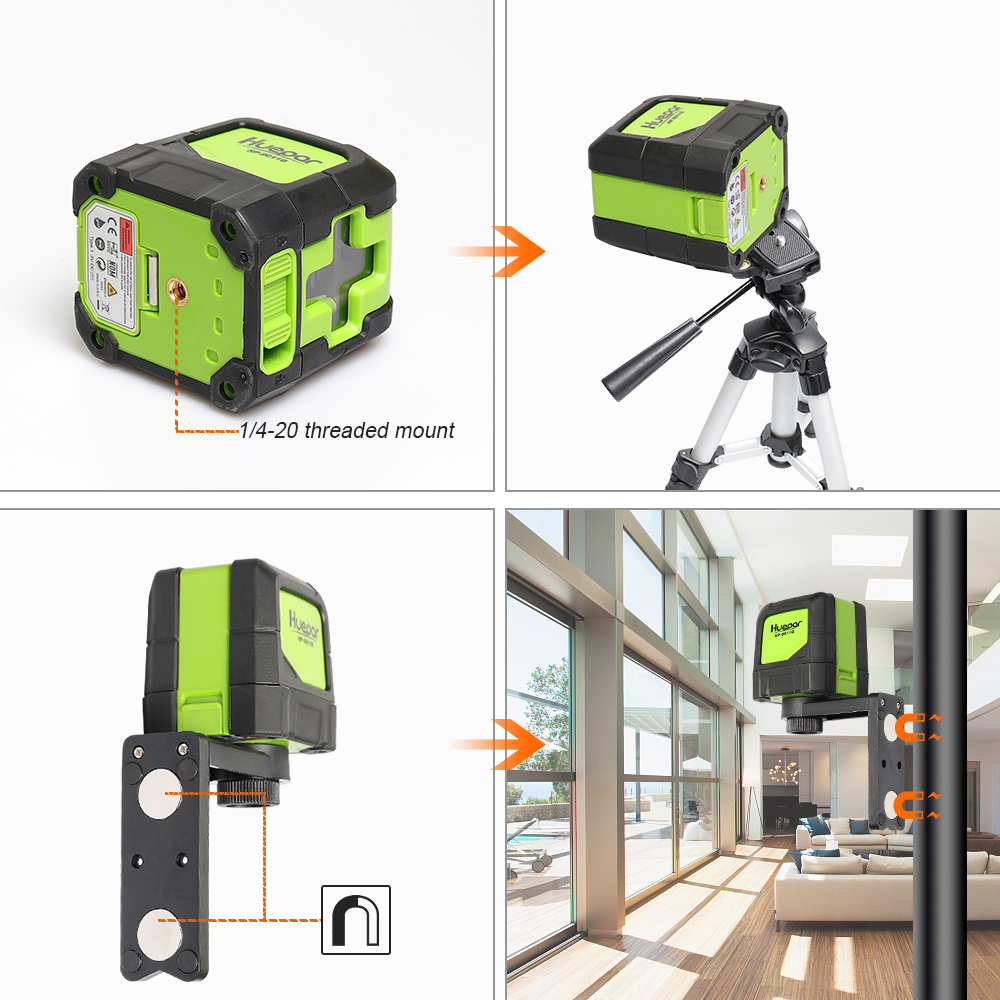 Huepar 2 Lines Laser Level Self Levelling ( 4 degrees) Green Red Beam Laser Horizontal & Vertical Cross-Line with Magnetic Base