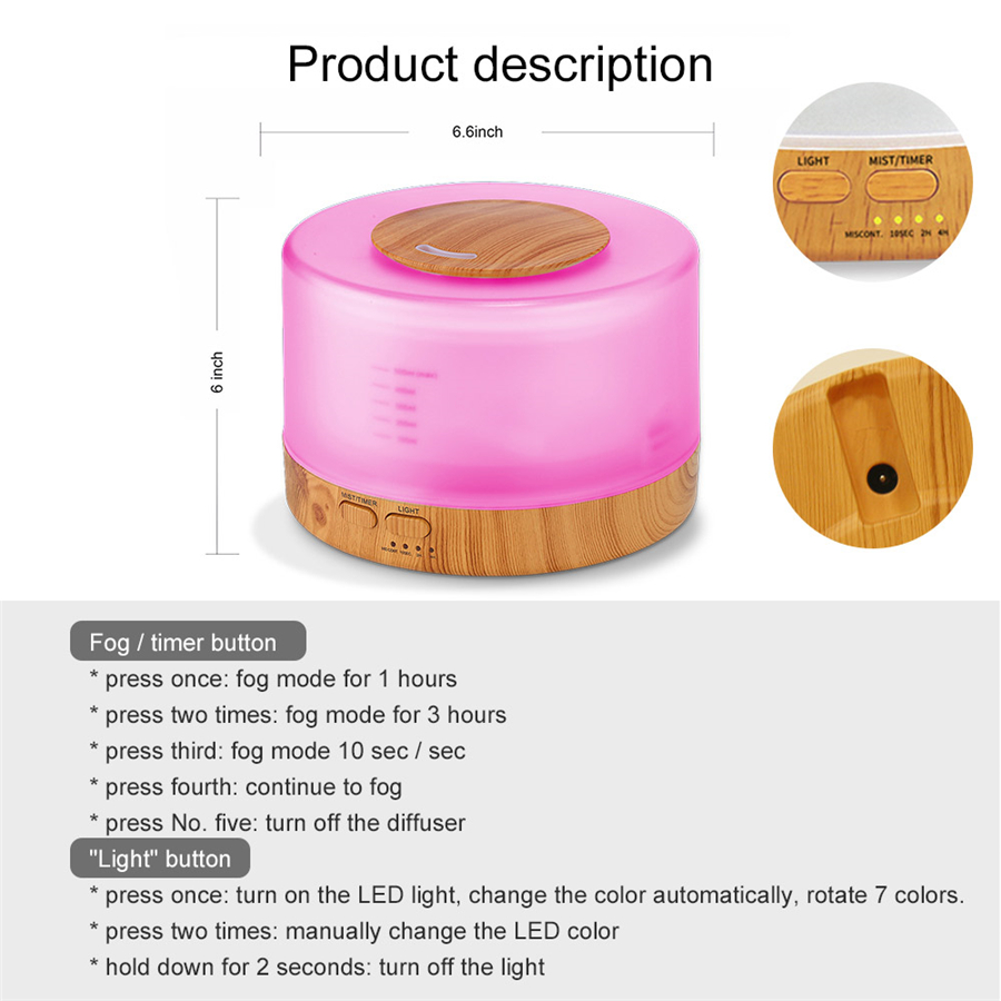 500ml Essential Oil Diffuser Humidifier Ultrasonic Electric Air Humidificador With 7 Colors LED Lamp Aromatherapy Remote Control