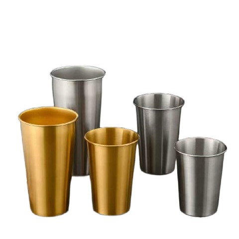 A cup made of stainless steel.