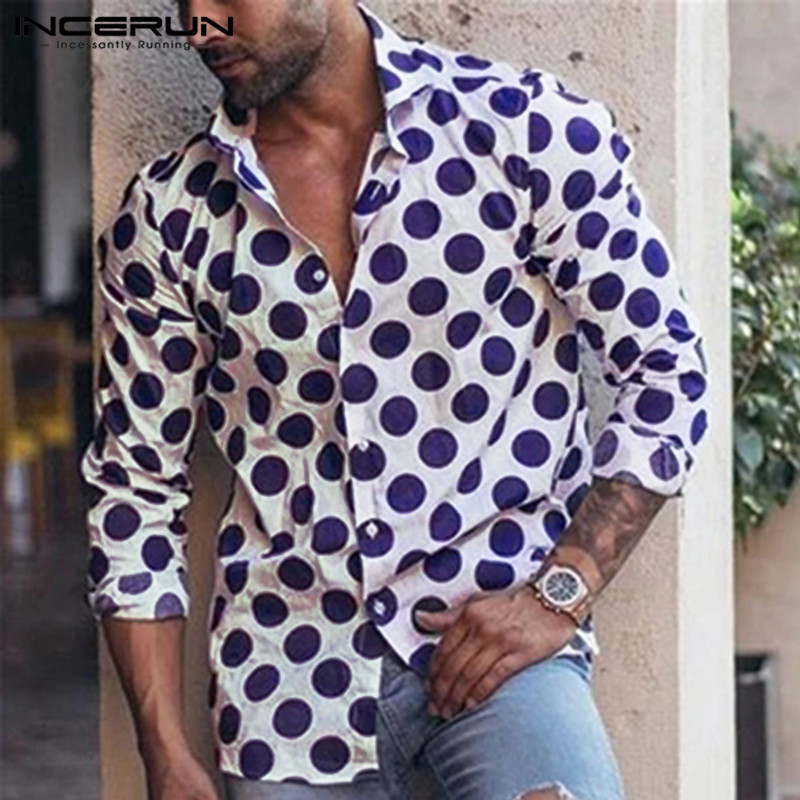 INCERUN Polka Dot Men's Shirt Fashion Casual Turn-down Collar Brand Tops Long Sleeve Hawaiian Shirts Men Camisa Plus Size 2021
