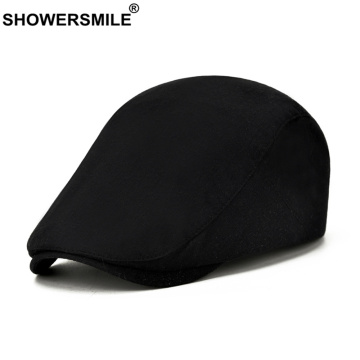 SHOWERSMILE Solid Black Spring Summer Flat Cap for Men Cotton British Style Casual Beret Retro Adjustable Men's Ivy Hats