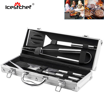 ICESTCHEF 5Pcs/Set Stainless Steel BBQ Tools Set Grill Utensil Kit Outdoor Camping Barbecue kit With Aluminium Storage Case