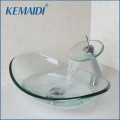 KEMAIDI Ingot Shape Round Bathroom Art Washbasin Oval Clear Tempered Glass Vessel Sink With Waterfall Chrome Faucet Set
