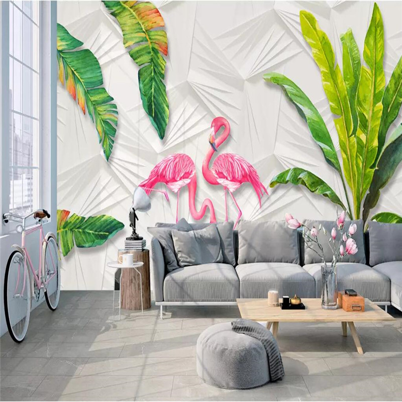 Nordic wallpaper small fresh tropical rainforest banana leaves flamingo background wall high-grade wallpaper mural