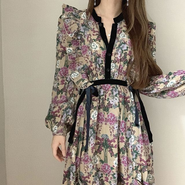 Korea elegant chic v-neck floral dress long autumn spring new ruffles long sleeve women dress