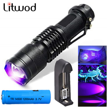 UV LED Flashlight Ultraviolet Torch zoomable Mini UV Black Light Pet Urine Stains Detector Scorpion Hunting Use 14500 battery