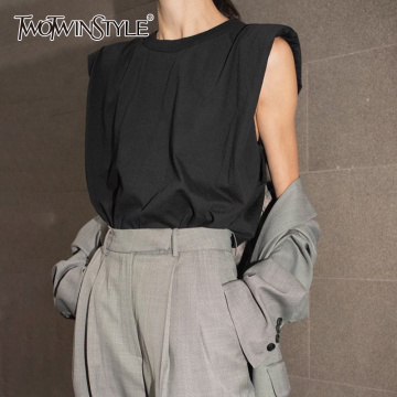 TWOTWINSTYLE Casual Women Tank Top O Neck Sleeveless Loose Ruched Streetwear Style Vest Female Fashion Clothing 2020 Spring Tide