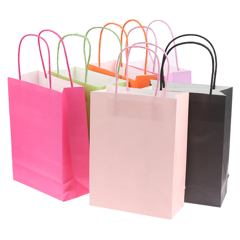 1Pc Solid Color Gift Paper Bag With Handle Festival Gift Bags Baby Birthday Children's Day Party Paper Bags