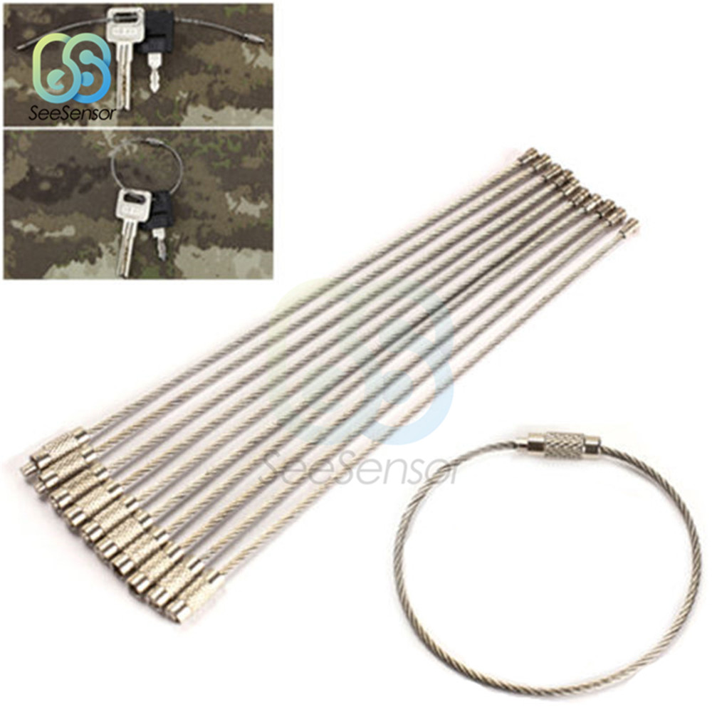 10 pcs/Lot Rope Key Chain Stainless Steel Wire Outdoor Flashlight Metal Key Holder Keychain 15cm