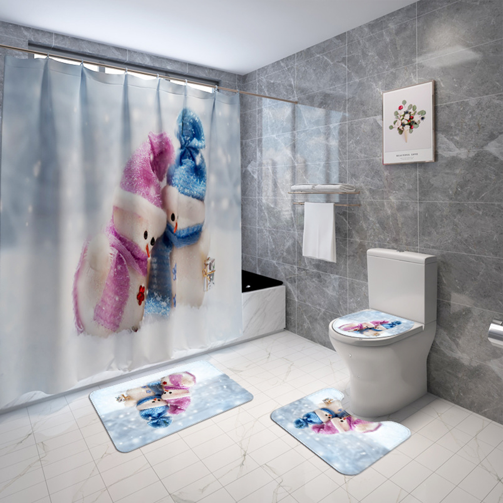 4Pcs Shower Curtain + Bath Mat+ Lid Toilet Cover + Toilet Pedestal Rug Bathroom Accessories Sets 2020 Xmas Bathroom Supplies