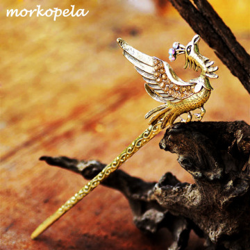 Morkopela Phoenix Vintage Rhinestone Hairpin Stick Accessories Women Chinese Style Hair Sticks Banquet Hair Clips Jewelry