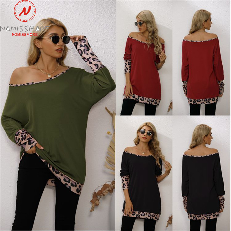 Fashion Women Casual Loose T-Shirts Colar Matching Design Slash Neck Long Sleeve Leopard Print Spring Autumn Pullovers Top