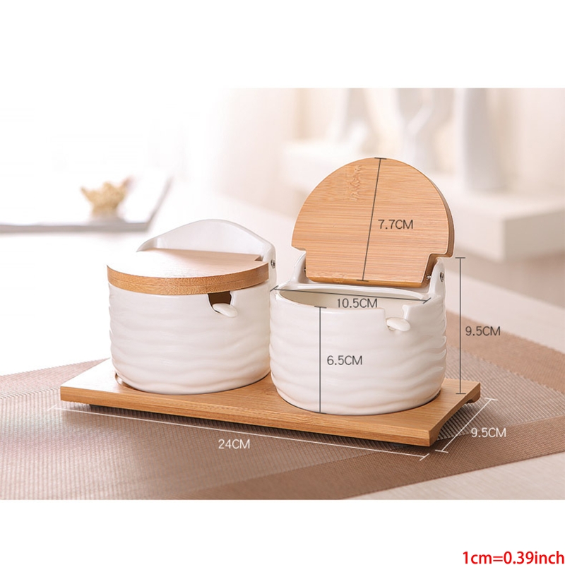 Porcelain Condiment Jar Spice Container with Lids - Bamboo Cap, Wooden Tray Spices Box Storage banks Tea Box Kitchen Storage Can