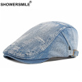 SHOWERSMILE Denim Ivy Caps for Men Vintage Blue Mens Berets British Style Male Flat Cap Spring Summer Brand New Driver Ivy Hat