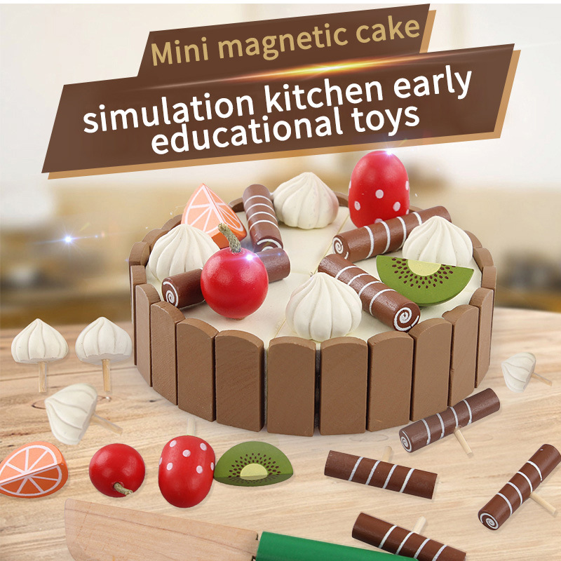 Wooden Kitchen Toys Mini magnetic Cake Set Cut Game Pretend Play Kitchen Food Wooden Toys Child Birthday Gift