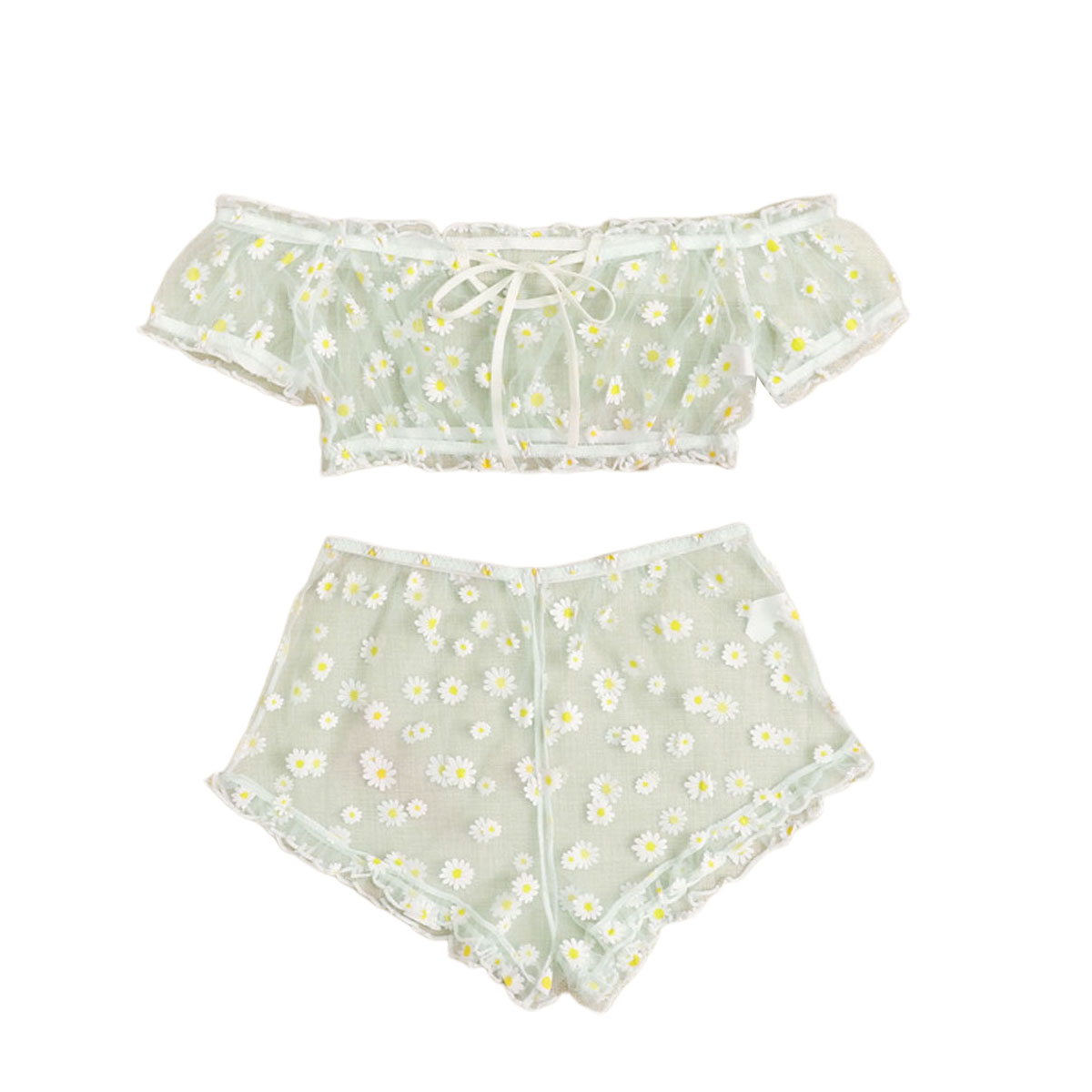 Women Lingerie Suit Sexy Sheer Mesh Floral Off-Shoulder Crop Top+Daisy Shorts 2Pcs Underwear Sets Sleepwear