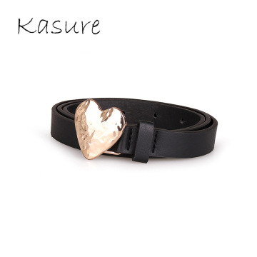 KASURE Woman Cute Solid Heart Gold Metal Buckle Belt Designer Fashion Thin Black PU Belts Jeans Sweet Dress Waistbelt