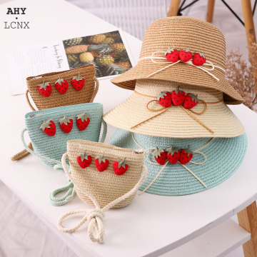 2020 New Fashion Summer Baby Boy Girl Straw Hats Strawberry Children's Beach Sun Hat Bag Two-piece Kids Panama Hats Travel Caps