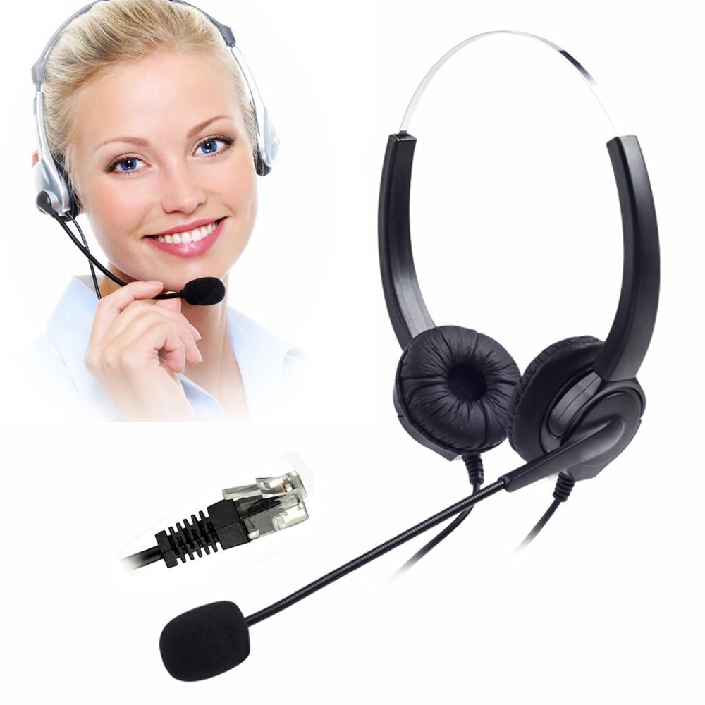 Corded Binaural Telephone Headset, Hands-Free Noise Cancelling 4-Pin RJ9 Telephone Headset for Call Center and Telemarketing