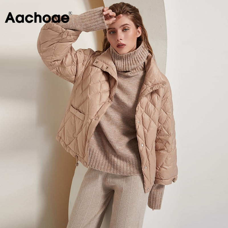 Aachoae Women Winter Solid Puffer Jacket With Pockets 2020 Single Breasted Thick Warm Coat Long Sleeve White Duck Down Jackets
