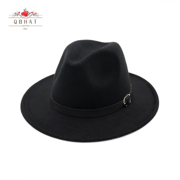QBHAT Unisex Men Women Wool Felt Fedora Hat Belt Buckle Decorated Wide Brim Panama Jazz Cap Lady Church Formal Hat Trilby