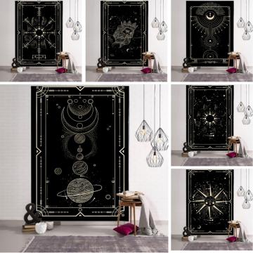 Witchcraft Tarot Tapestry Wall Hanging Black Khaki Sun Moon Starry Universe Geometric Pattern Dormitory Home Decoration Curtains