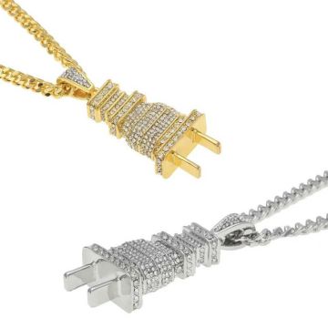 Men's Hip Hop Bling Plug Pendant Necklace Gold Silver Color Charms Micro Pave Full Rhinestone Jewelry Necklace Choker