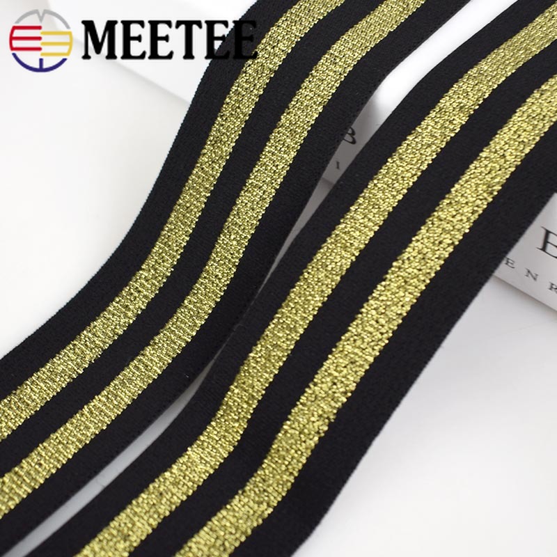 5Meters 4cm Gold Silver Stripes Nylon Webbings Fashion Elastic Band Ribbons Soft Belt Tension Elastic Webbing Rubber Band KY183