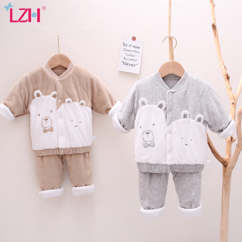 LZH 2020 New Autumn Winter Baby Boys Girls Clothes Round Neck Pure Cotton Keep Warm Clothing Newborn Baby Outing Casual Suits