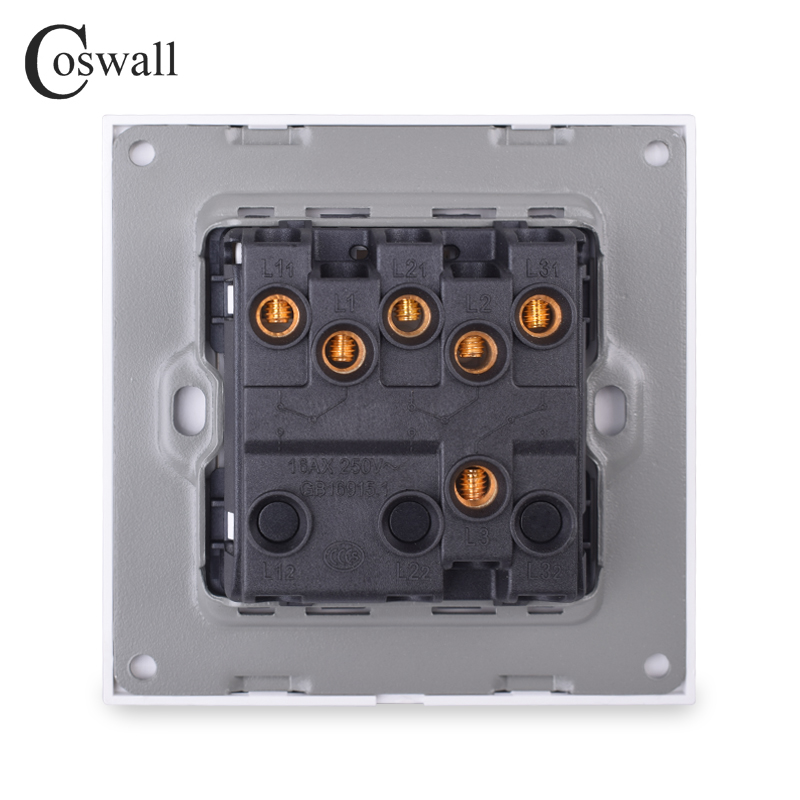 Coswall Simple Fashion Crystal Tempered Glass Frame 3 Gang 1 Way Toggle Switch Light Switch On / Off Wall Switch 16A AC 250V