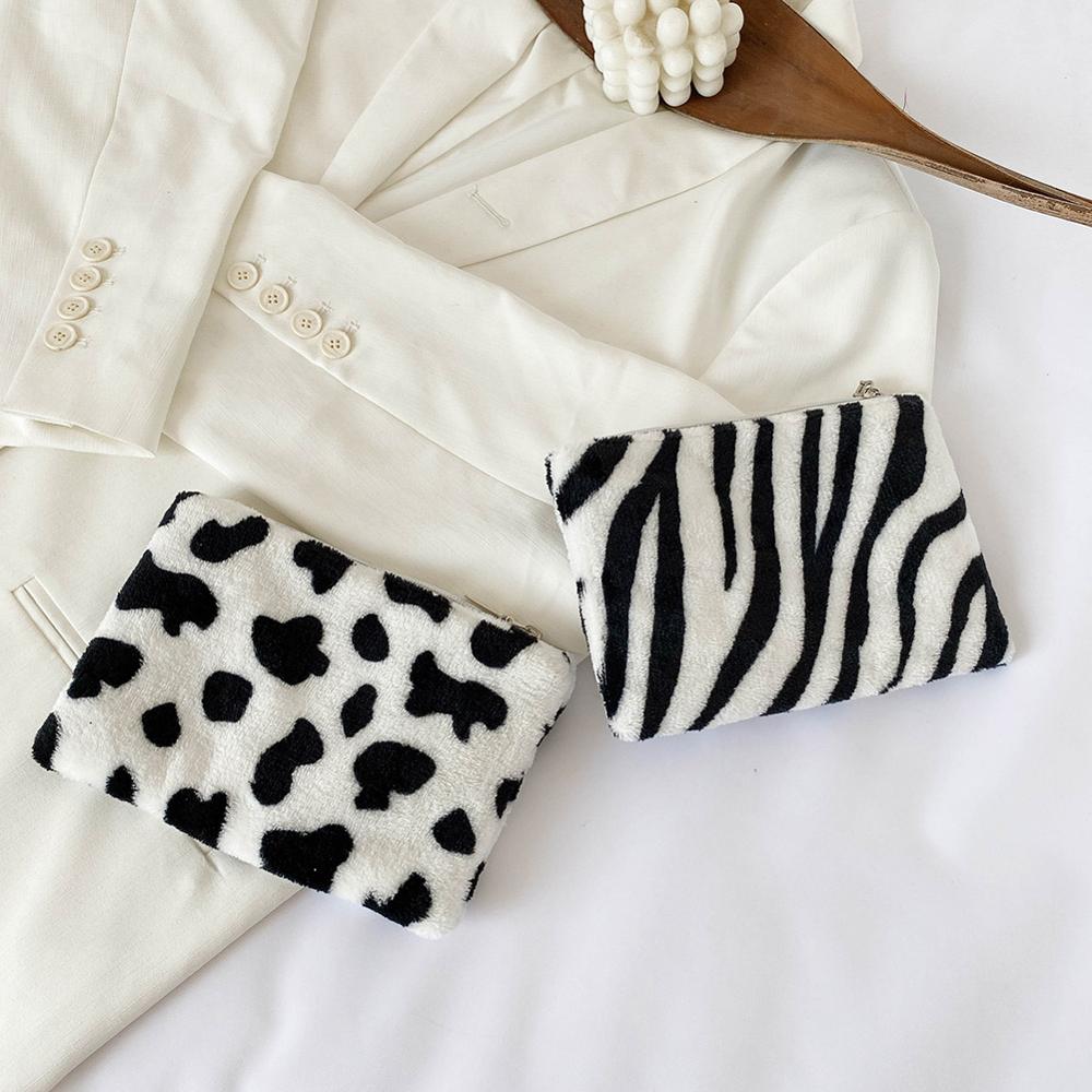 Fashion Cow Zebra Pattern Plush Coin Purses Women Girls Mini Storage Bag Credit Card Holder Wallet Pocket Clutches Handbaag