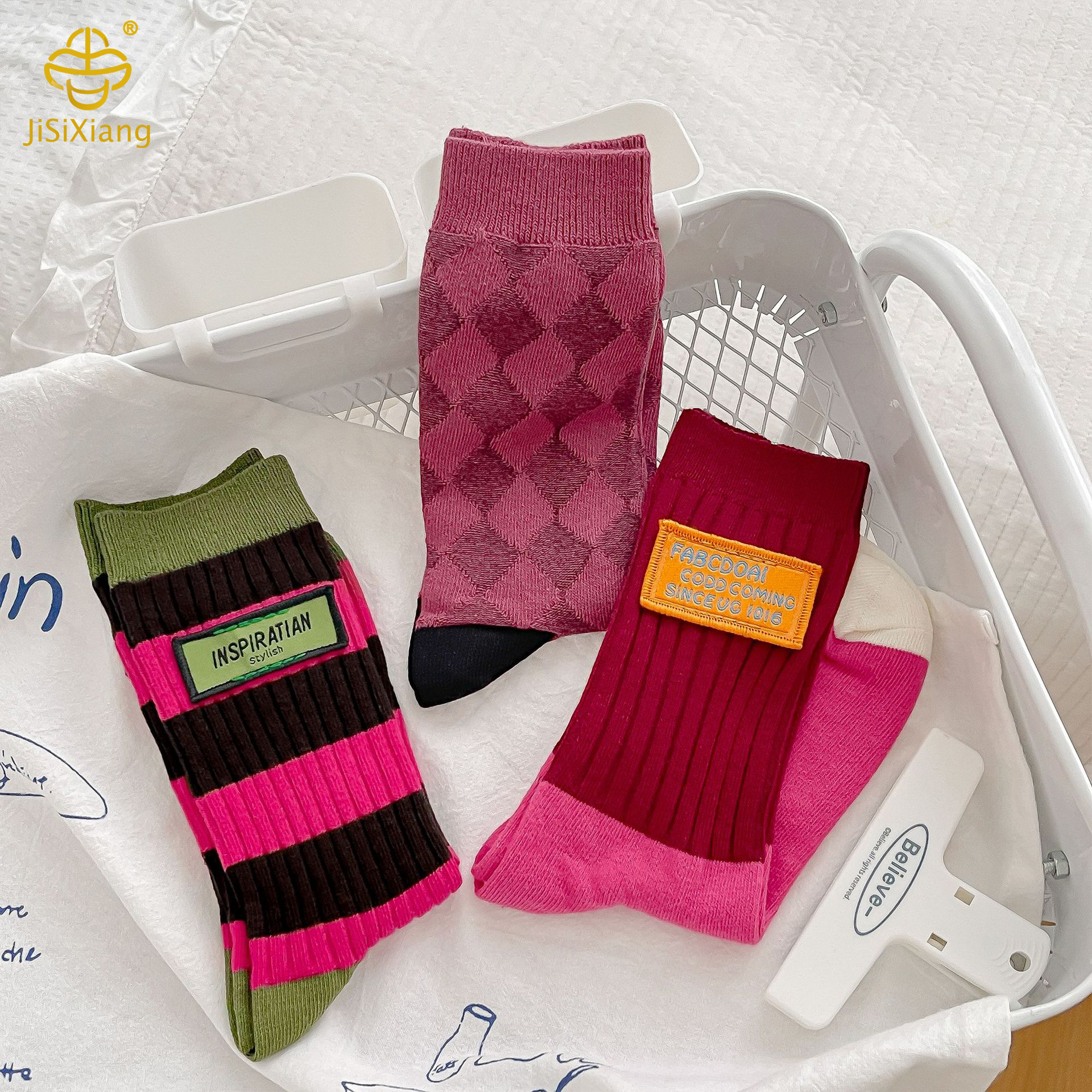 version of fabric label, mid tube socks, color blocked diamond grid pile socks