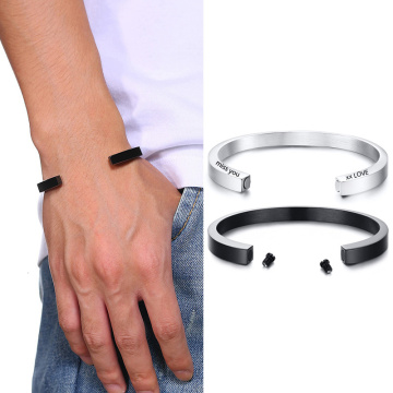 Engraved Cuff Bangle Urn Bracelet Silver Black Tone Stainless Steel Cremation Ashes Keepsake Openable Bracelet Free Personalize