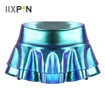 Women Pole dance costume Shiny Metallic Mini Skirt Low Rise Double Layered Ruffled Mini Skirt for Dance Raves Festivals Costumes