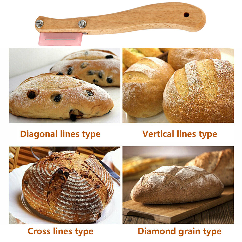 Bread Arc Curved Knife Bread Slashing Tool Baguette Cutting French Toast Cutter 5 Blades Bakery Tool Bread Lame with Wood Handle