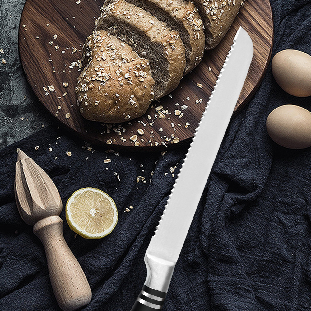 Sowoll 7PCS Stainless Steel Kitchen Knives Set Tool Chef Bread Slicing Santoku Utility Paring Knife Storage Holder Knife Sheath