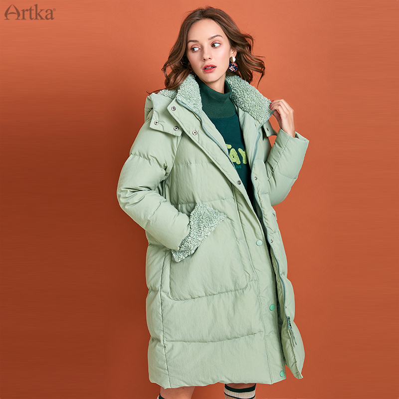 ARTKA 2019 Winter New Women's Down Coat 80% White Duck Down Thick Warm Outwear Lambswool Splicing Hooded Long Down Coat ZK10592D