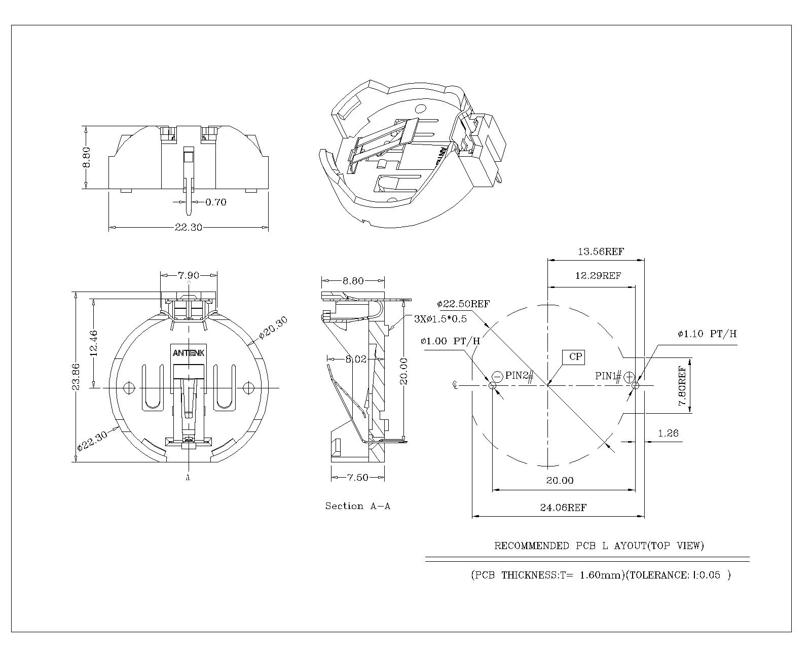 BT-S-SN-B-A-029 Coin Cell Holders For CR2032 THM