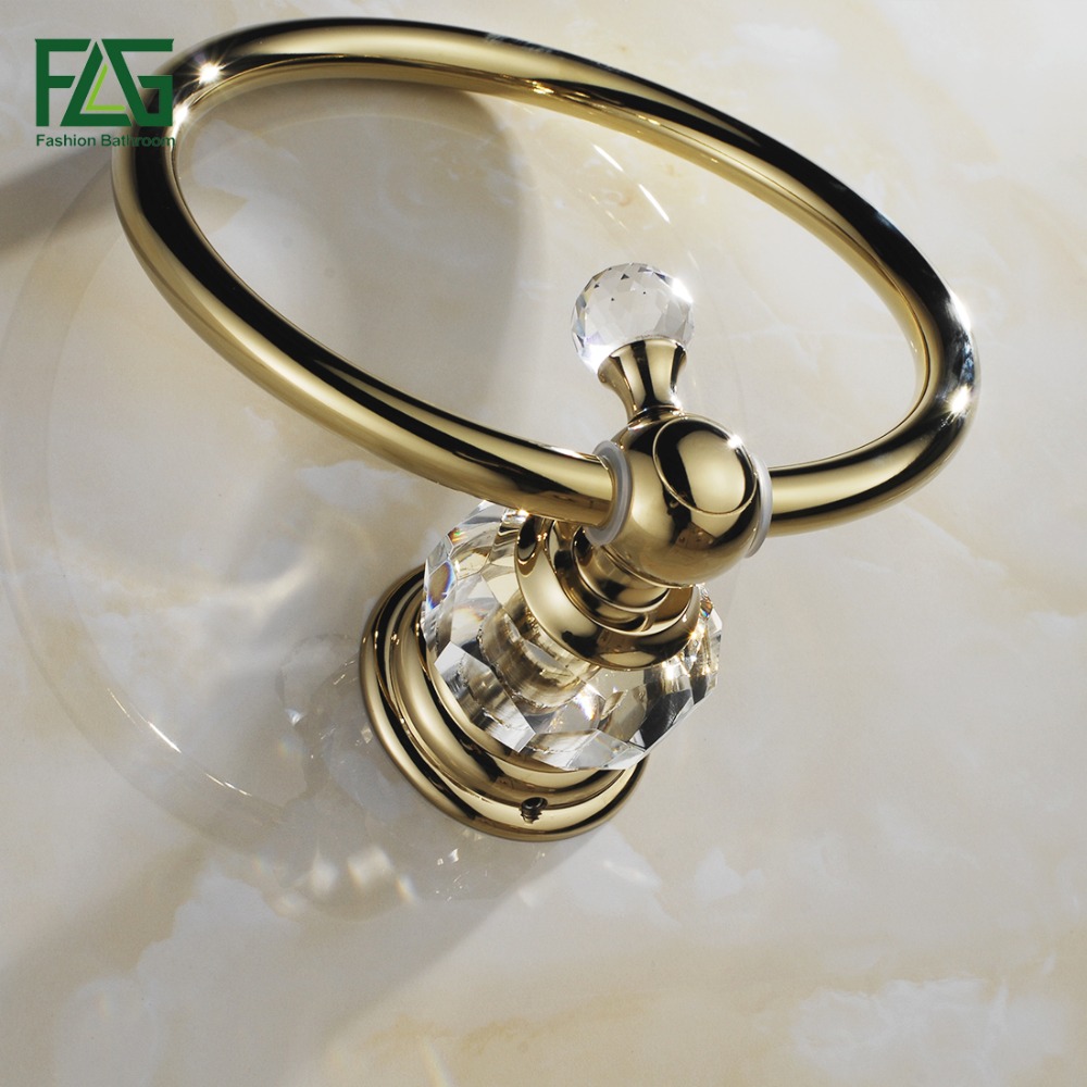 FLG Free Shipping Wholesale and Retail Unique Design Crystal & Golden Towel Ring Wall Mounted Brass Bathroom Towel Rack G154-06G