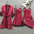 Women Lace Silk Satin Pajamas Sets Sleepwear 4 Pieces Nightwear Pyjama Spaghetti Strap Sleep Lounge Pijama Home Wear 2020