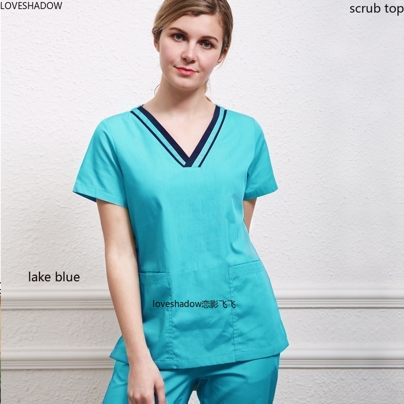 Women Scrub Top Short Sleeve Nurse Uniforms V Neck Cotton Doctor Workwear Dentist Costume Hospital Gown Big Pocket Nurse Uniform