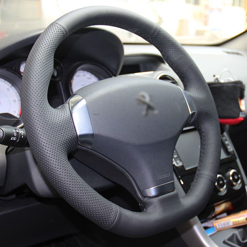 BANNIS Black Artificial Leather DIY Hand-stitched Steering Wheel Cover for Peugeot 408 2013
