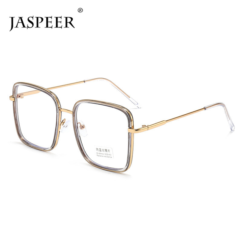 JASPEER Vintage Metal Frame Anti Blue Light Glass Women Computer Eyewear Men Optical Spectacle Oversized Eyeglass Square