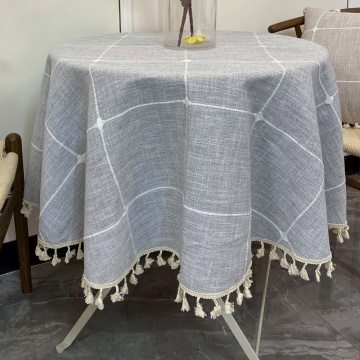 Plaid Decorative Linen Tablecloth With Tassel Waterproof Oilproof Thick Round Wedding Dining Table Cover Tea Table Cloth