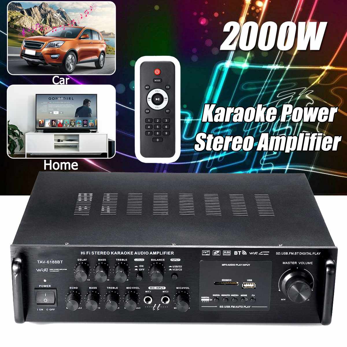 2000W 220V Car Amplifier Audio Power Amplifier bluetooth Stereo Home Theater Amplifier USB SD FM BT Player with Remote Control
