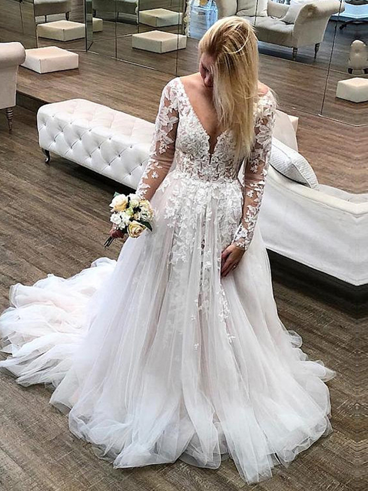 LORIE Long Sleeve Lace Wedding Dresses Boho 2019 Open Back Tulle Beach Bridal Gowns V-neck Princess White Wedding Gown Plus Size