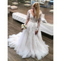 LORIE Long Sleeve Lace Wedding Dresses Boho 2019 Open Back Tulle Beach Bridal Gowns V-neck Princess White Wedding Gown Plus Size